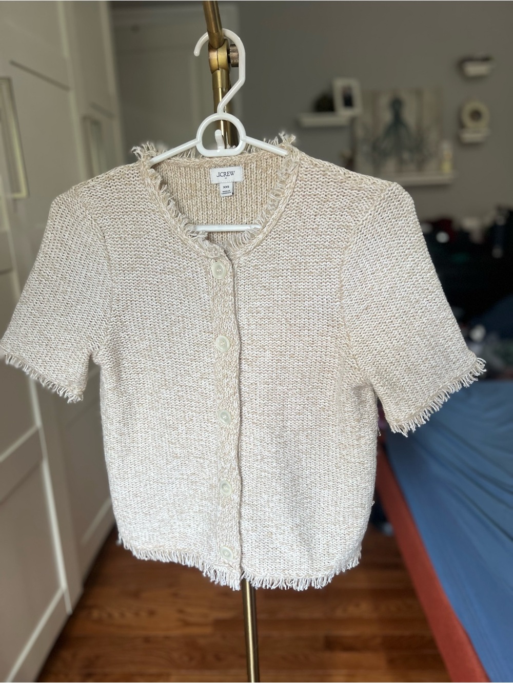 J. Crew XXS Cream Short-Sleeve Fringe Button-Up Sweater